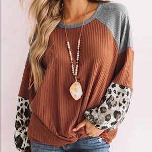 Cheetah Print Colorblock Long Sleeve Knit Top